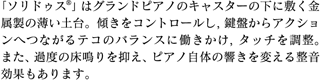 「ソリドゥス®」はグランドピアノのキャスターの下に敷く金属製の薄い土台。傾きをコントロールし，鍵盤からアクションへつながるテコのバランスに働きかけ，タッチを調整。また、過度の床鳴りを抑え、ピアノ自体の響きを変える整音効果もあります