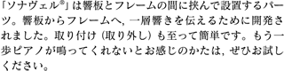 「ソナヴェル®」は響板とフレームの間に挟んで設置するパー
ツ。響板からフレームへ，一層響きを伝えるために開発されました。取り付け（取り外し）も至って簡単です。もう一歩ピアノが鳴ってくれないとお感じのかたは，ぜひお試しください。